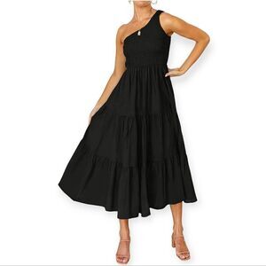 NWT Summer Boho One Shoulder Sleeveless Ruffle Beach Party Tiered Midi Dress